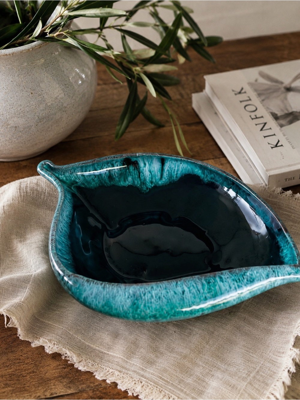Evangeline Glazed Pottery Leaf Shaped Dish Black Green Canada Ceramic Art Bowl